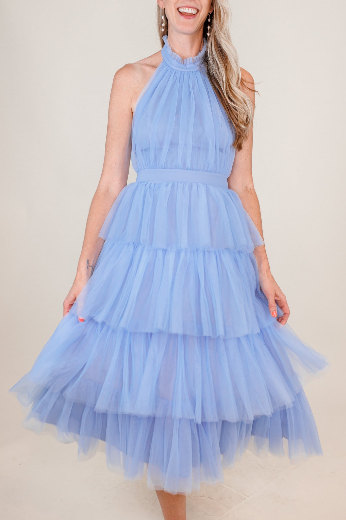 blue pleated bridesmaid dress Lou Tulle Halter Tiered Blue Dress – Love, Odette