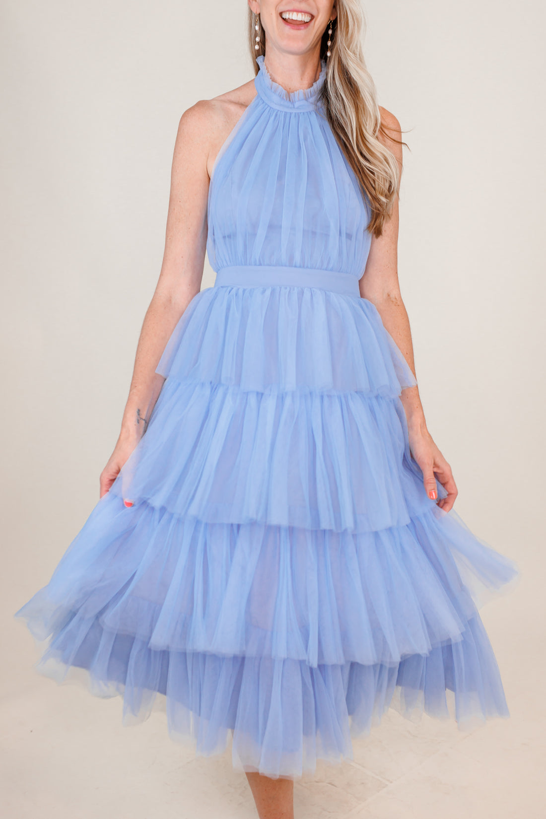 Lou Tulle Halter Tiered Blue Dress
