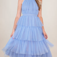 Lou Tulle Halter Tiered Blue Dress
