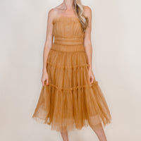 Chic Bronze Strapless Tulle Midi Dress