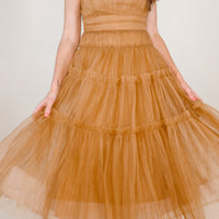Chic Bronze Strapless Tulle Midi Dress
