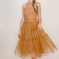 Chic Bronze Strapless Tulle Midi Dress