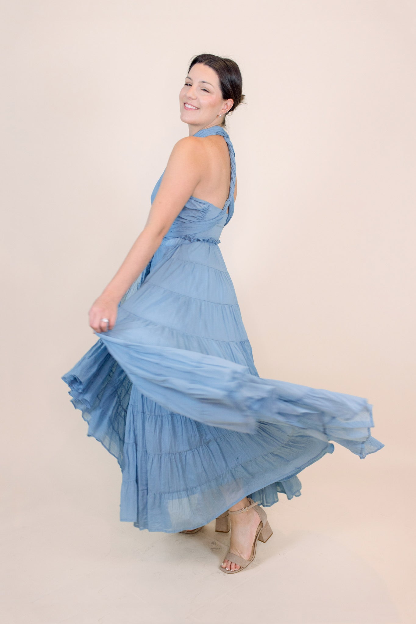 Cassandra Blue Tiered Halter Maxi Love, Odette Cassandra Blue Tiered Halter Maxi Love, Odette