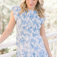 Capri Blue & White Smocked Flutter Sleeve Dress