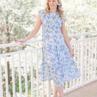 Capri Blue & White Smocked Flutter Sleeve Dress