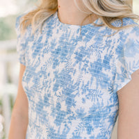 Capri Blue & White Smocked Flutter Sleeve Dress