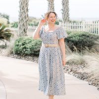 Lois Blue & White Puff Sleeve Midi