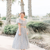 Lois Blue & White Puff Sleeve Midi