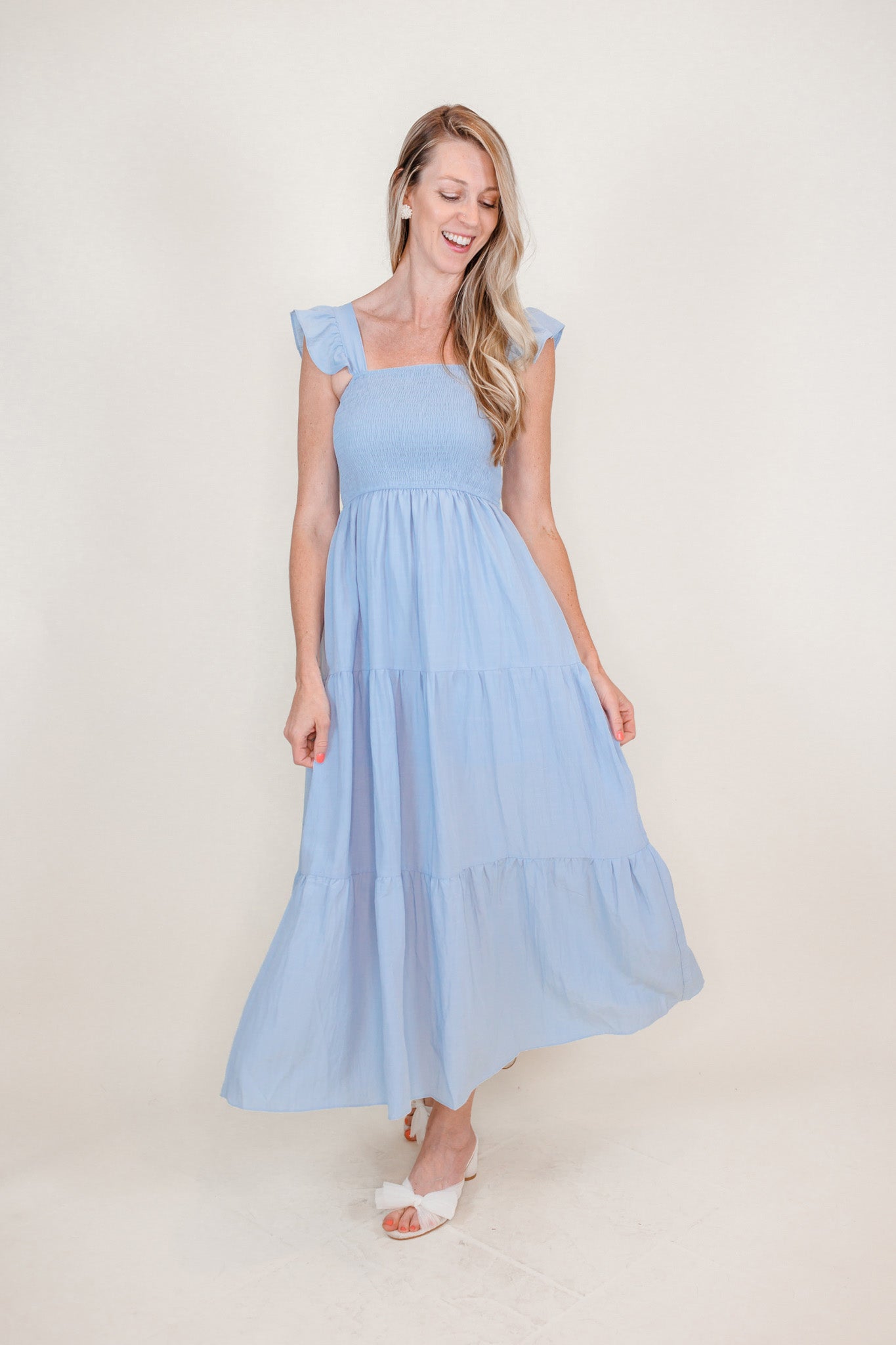 Misty Blue Smocked Maxi Dress Love, Odette Misty Blue Smocked Maxi Dress Love, Odette