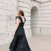 Cosette Ruffled Shoulder Tulle Maxi in Black