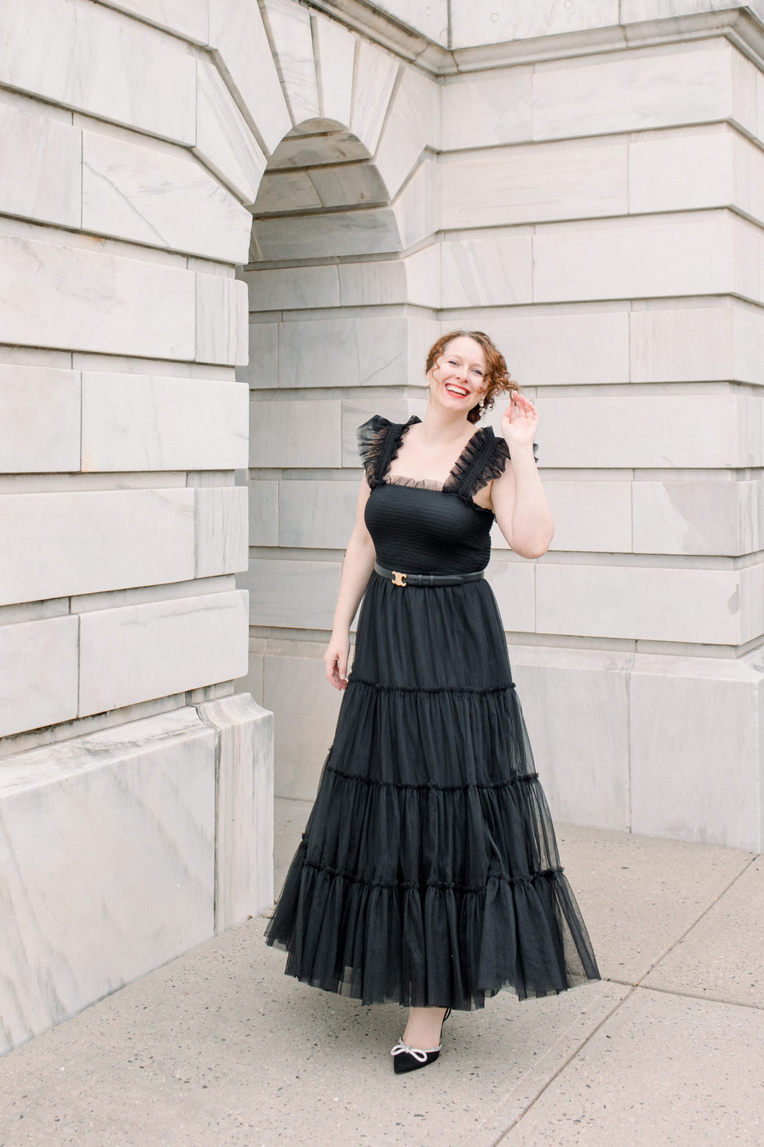 Cosette Ruffled Shoulder Tulle Maxi in Black