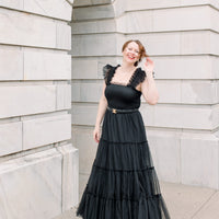Cosette Ruffled Shoulder Tulle Maxi in Black