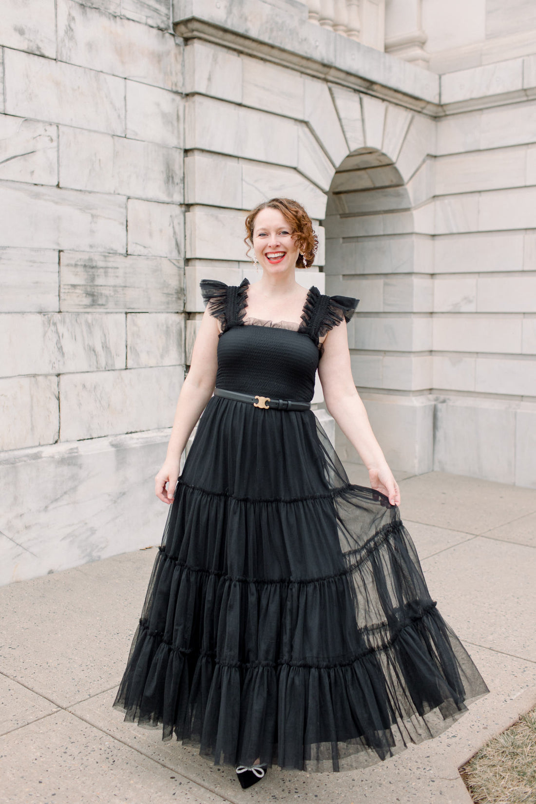 Cosette Ruffled Shoulder Tulle Maxi in Black