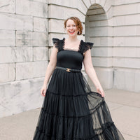 Cosette Ruffled Shoulder Tulle Maxi in Black