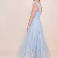 Cosette Ruffled Shoulder Tulle Maxi in Blue