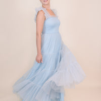 Cosette Ruffled Shoulder Tulle Maxi in Blue