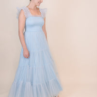 Cosette Ruffled Shoulder Tulle Maxi in Blue