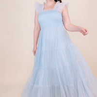 Cosette Ruffled Shoulder Tulle Maxi in Blue