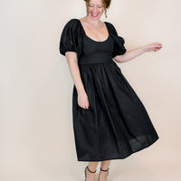 Daphne Puff Sleeve Midi Dress in Black