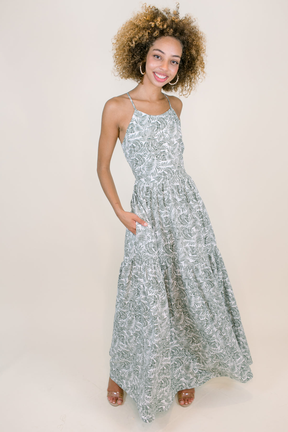 Olive Palm Cross-Back Maxi Dress