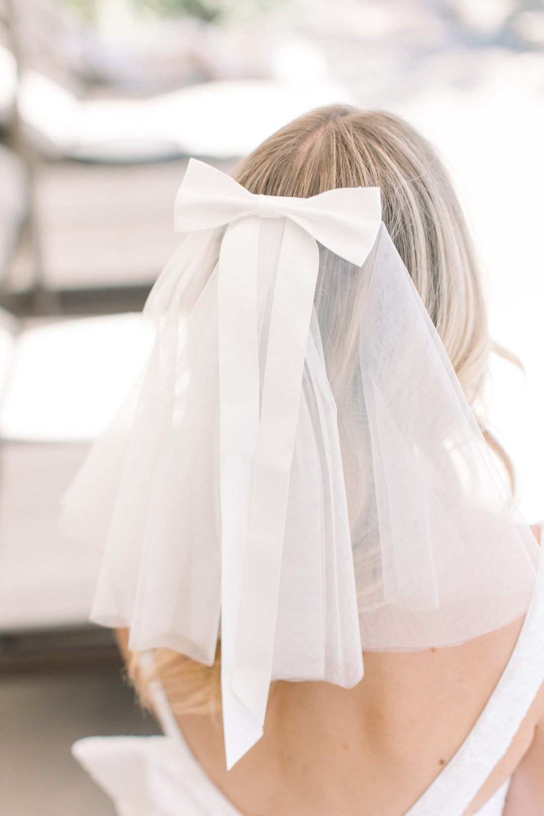 Ava Short White Veil with Bow Ribbon