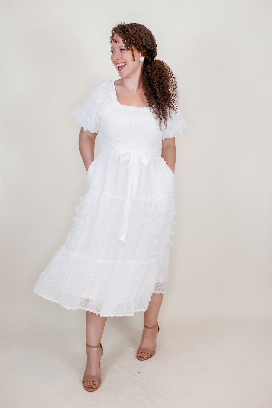 white tulle midi dress with sleeves May Rose Off-Shoulder Tulle Midi Dress Off White