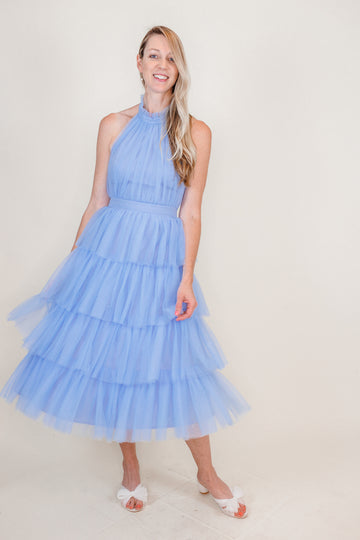 Lou Tulle Halter Tiered Blue Dress