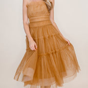 Chic Bronze Strapless Tulle Midi Dress