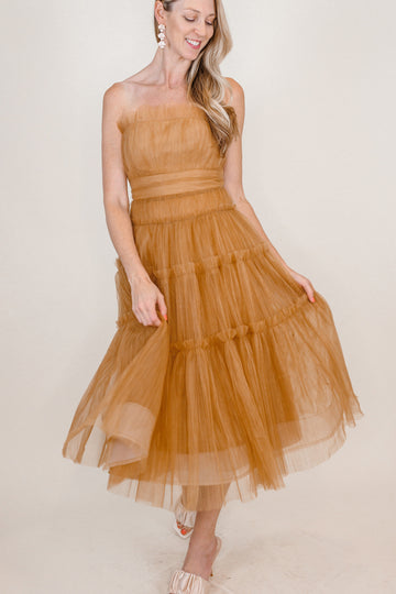 Chic Bronze Strapless Tulle Midi Dress