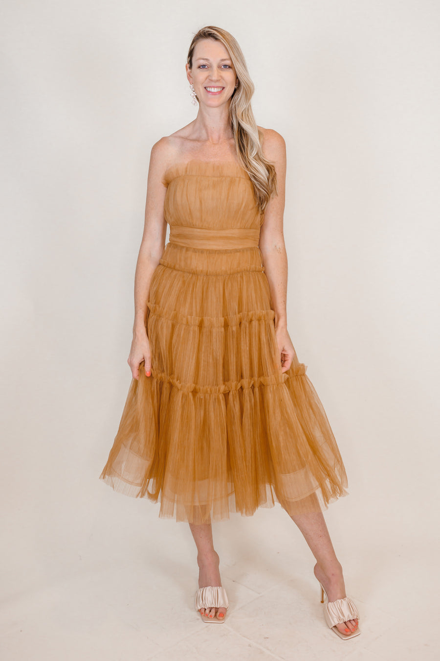 Chic Bronze Strapless Tulle Midi Dress