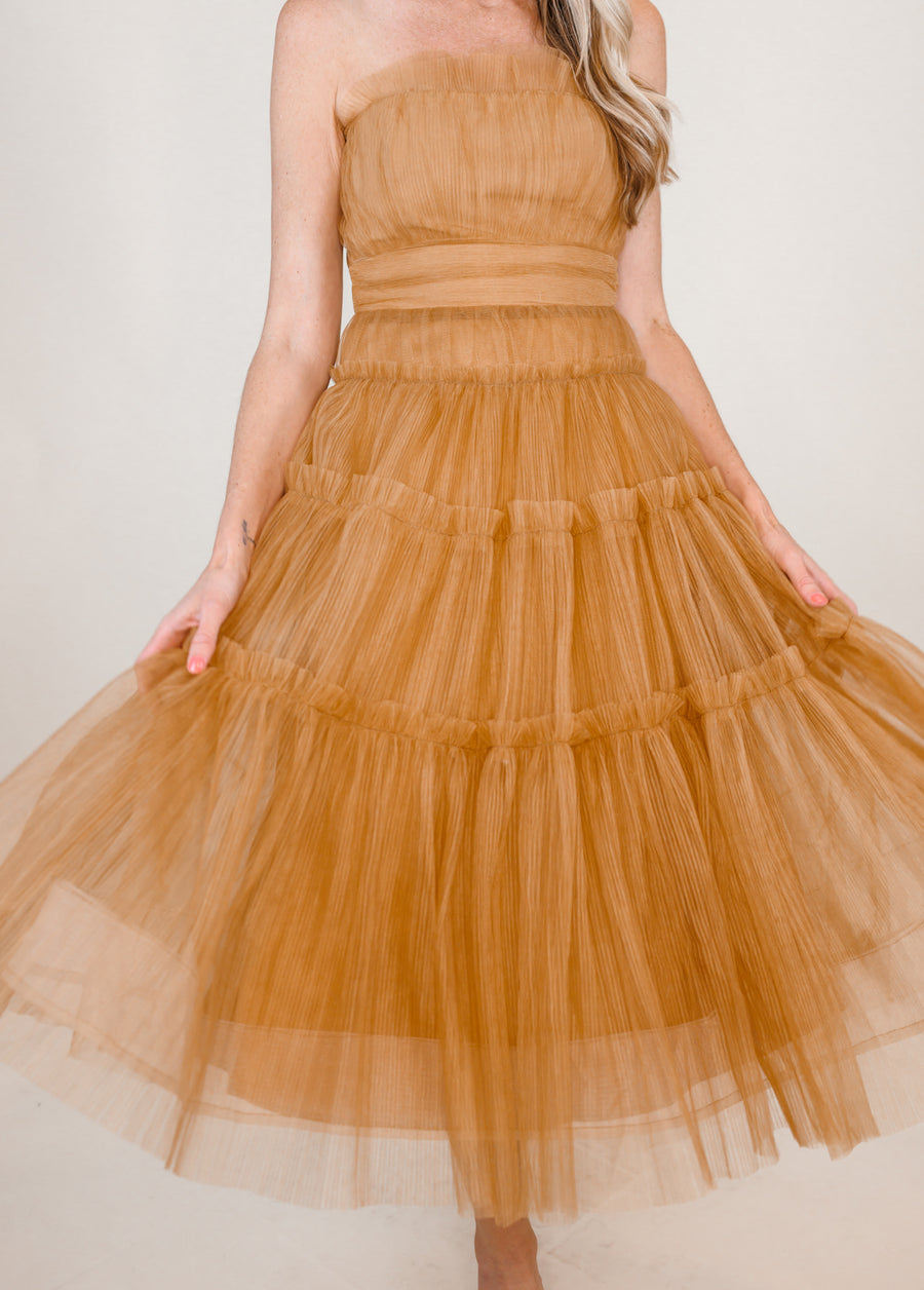 Chic Bronze Strapless Tulle Midi Dress