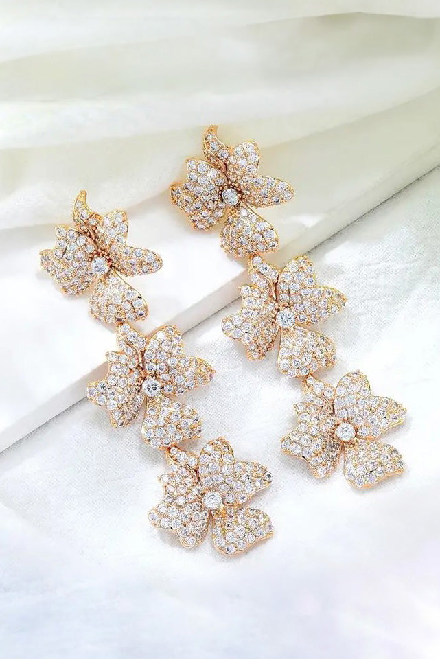 Gold Crystal Triple Flower Earrings