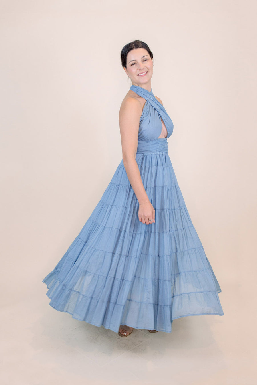 Cassandra Blue Tiered Halter Maxi Love, Odette Cassandra Blue Tiered Halter Maxi Love, Odette