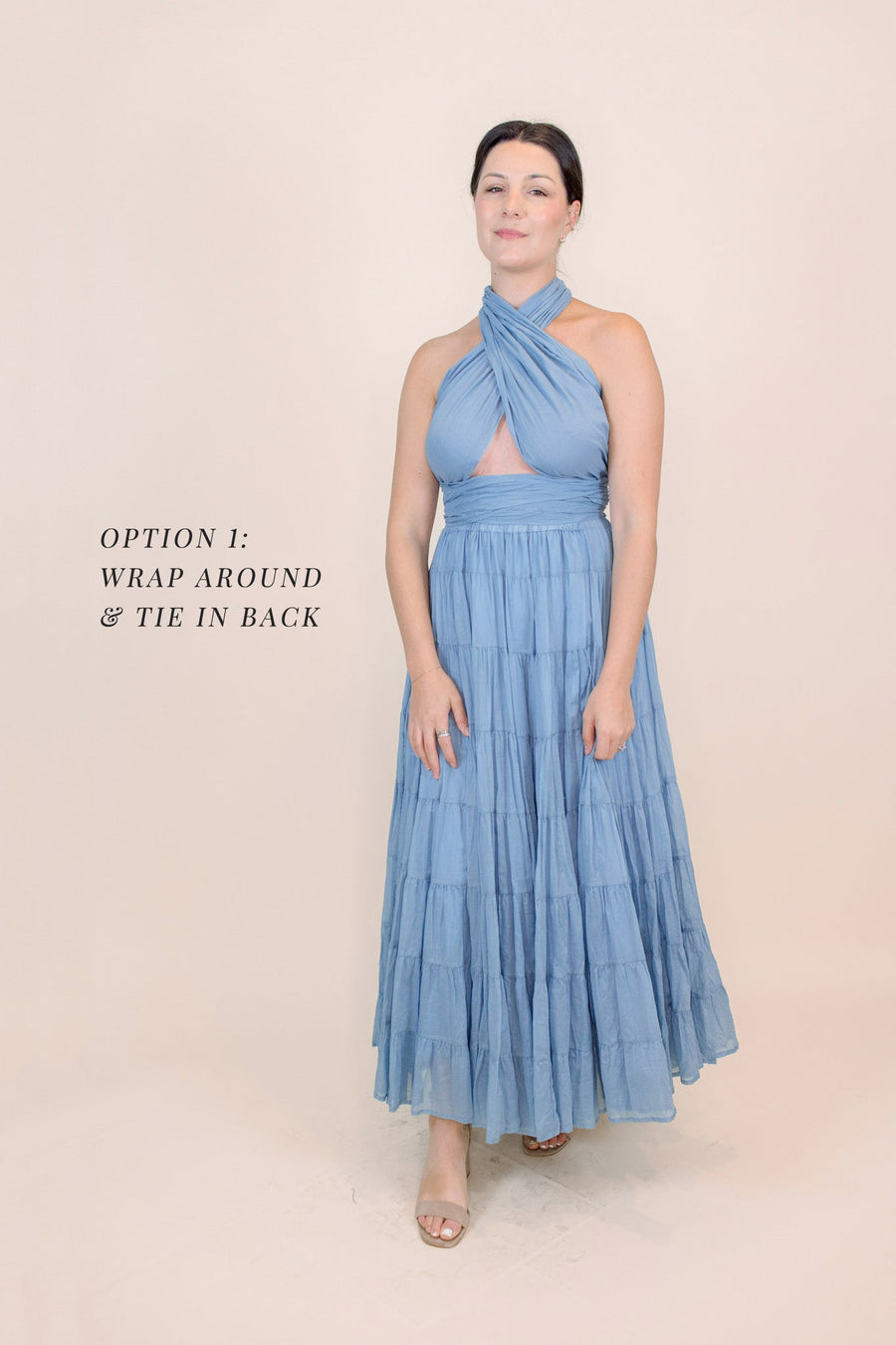 Cassandra Blue Tiered Halter Maxi Love, Odette Cassandra Blue Tiered Halter Maxi Love, Odette