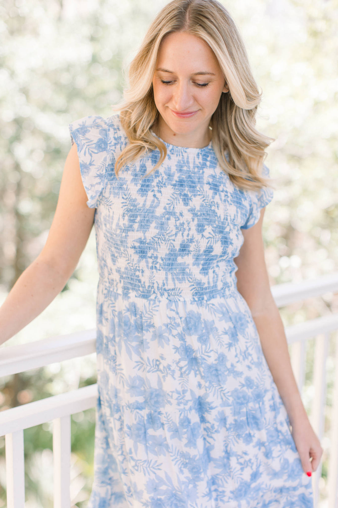 Capri Blue & White Smocked Flutter Sleeve Dress