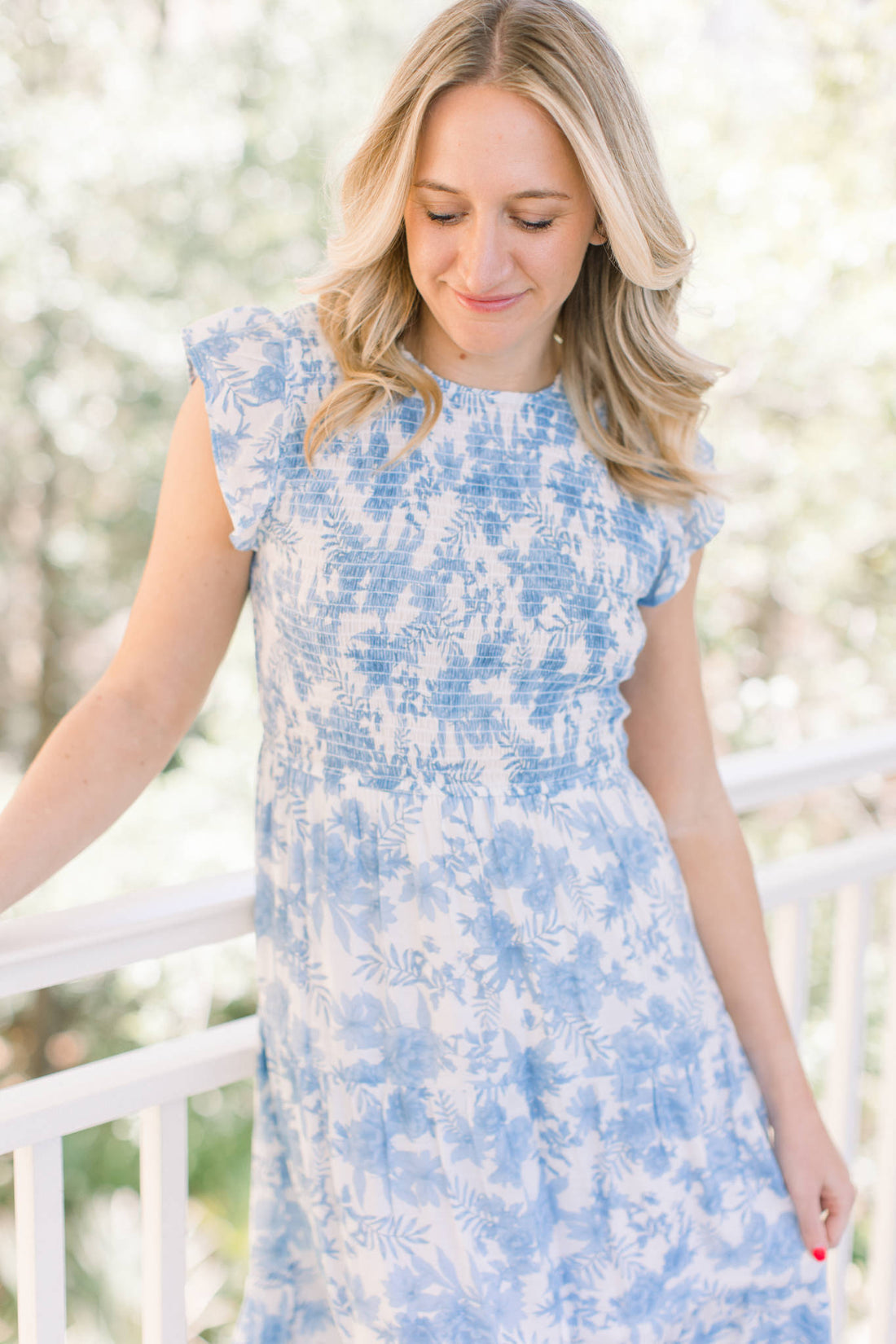 Capri Blue & White Smocked Flutter Sleeve Dress Capri Blue & White Smocked Flutter Sleeve Dress