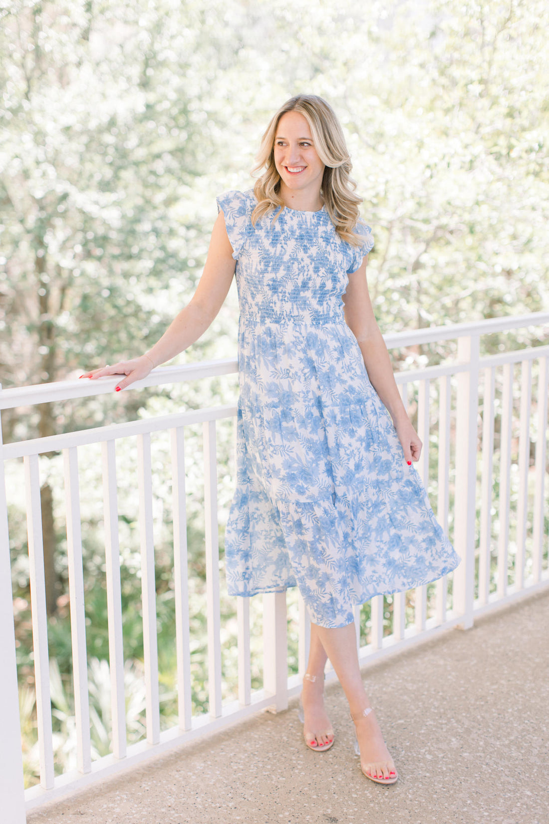 Capri Blue & White Smocked Flutter Sleeve Dress