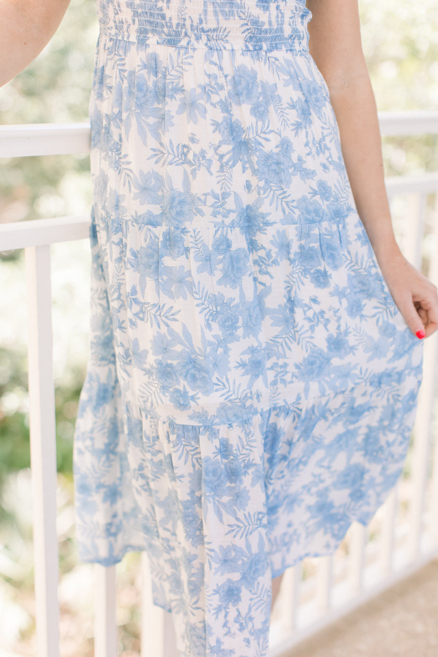 Capri Blue & White Smocked Flutter Sleeve Dress