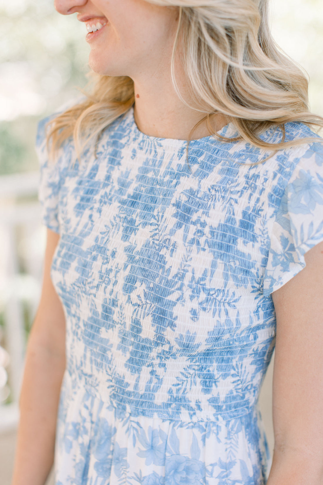 Capri Blue & White Smocked Flutter Sleeve Dress