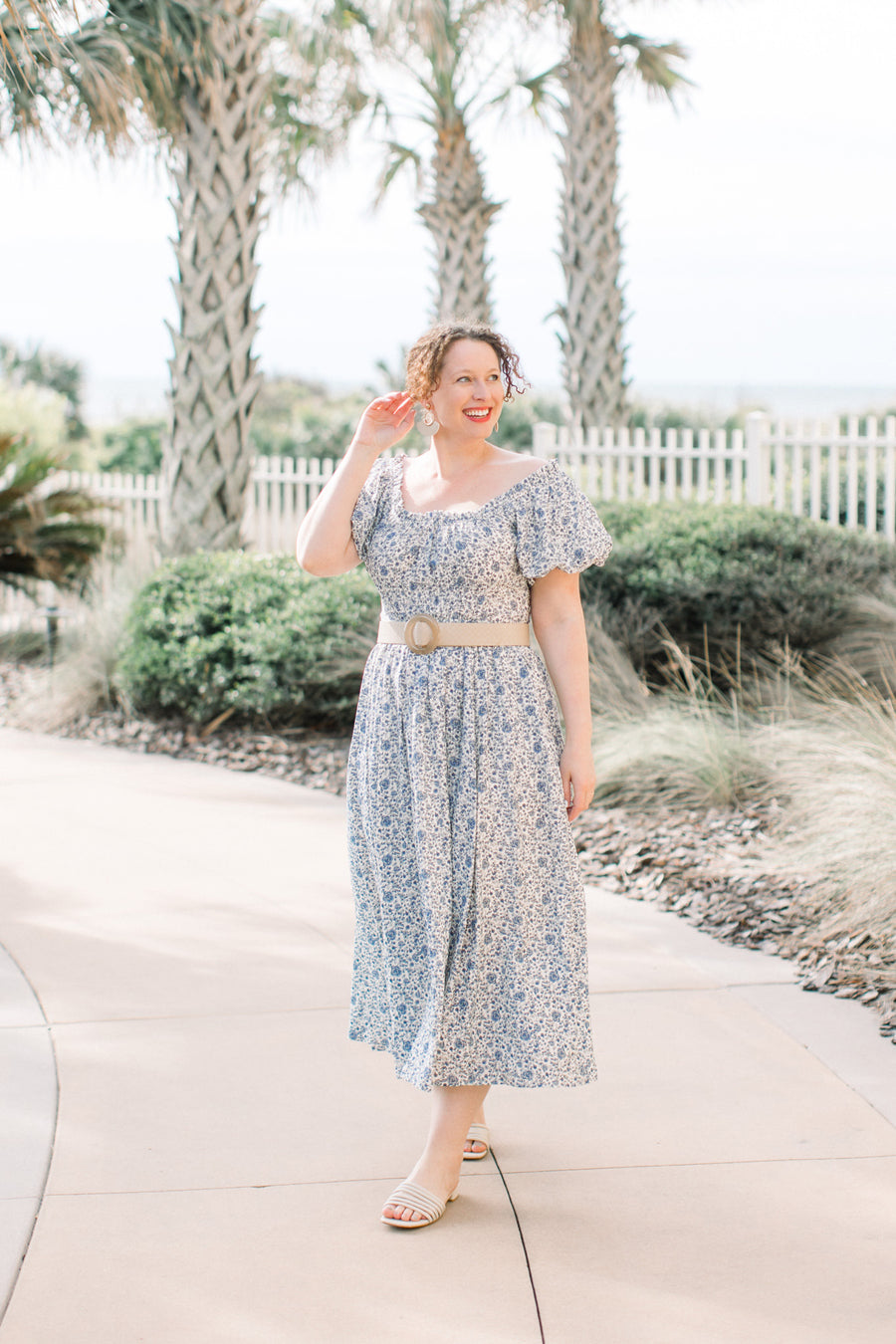 Lois Blue & White Puff Sleeve Midi