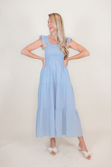 Misty Blue Smocked Maxi Dress