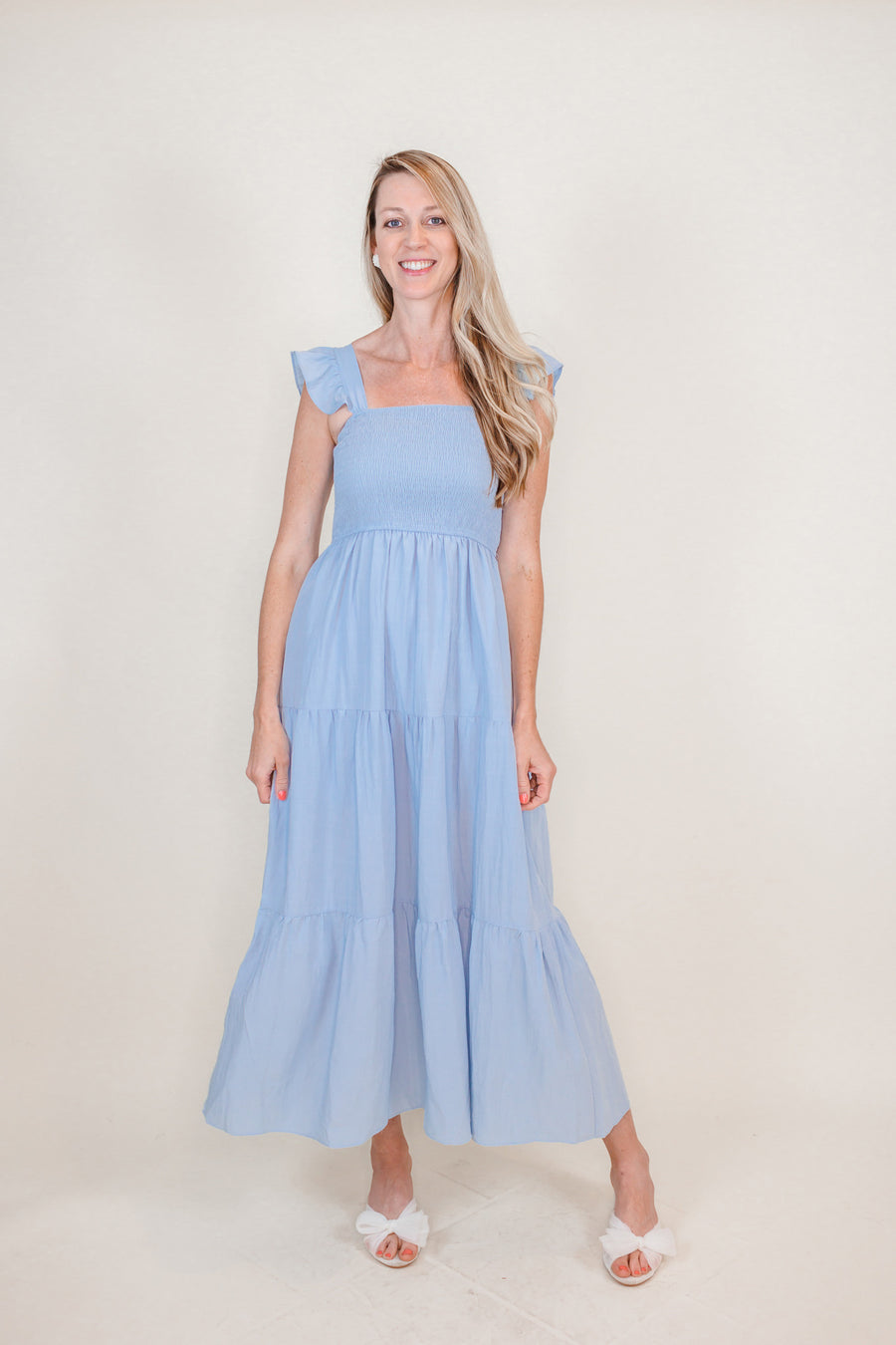 Misty Blue Smocked Maxi Dress Love, Odette Misty Blue Smocked Maxi Dress Love, Odette