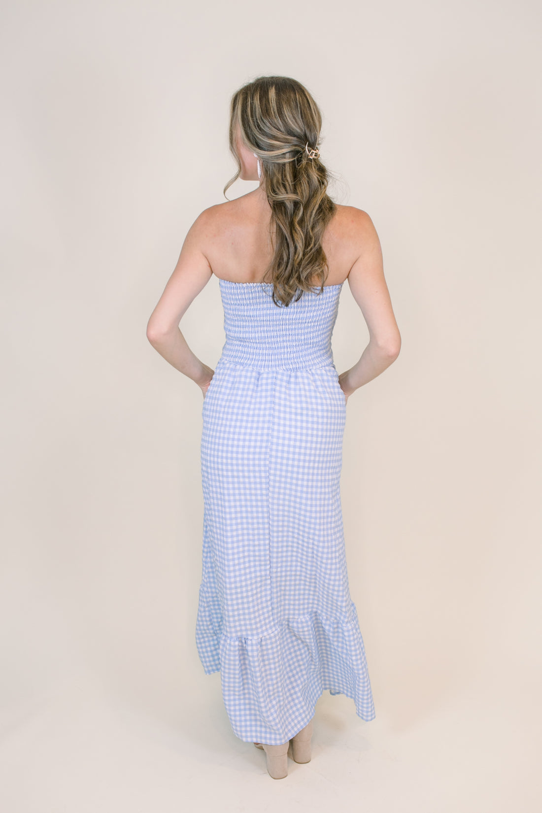 Amelia Bow Maxi in Blue Gingham