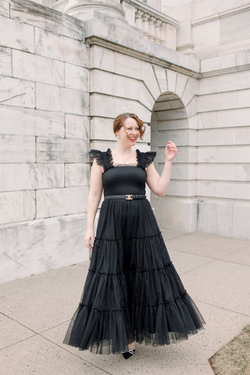 Cosette Ruffled Shoulder Tulle Maxi in Black