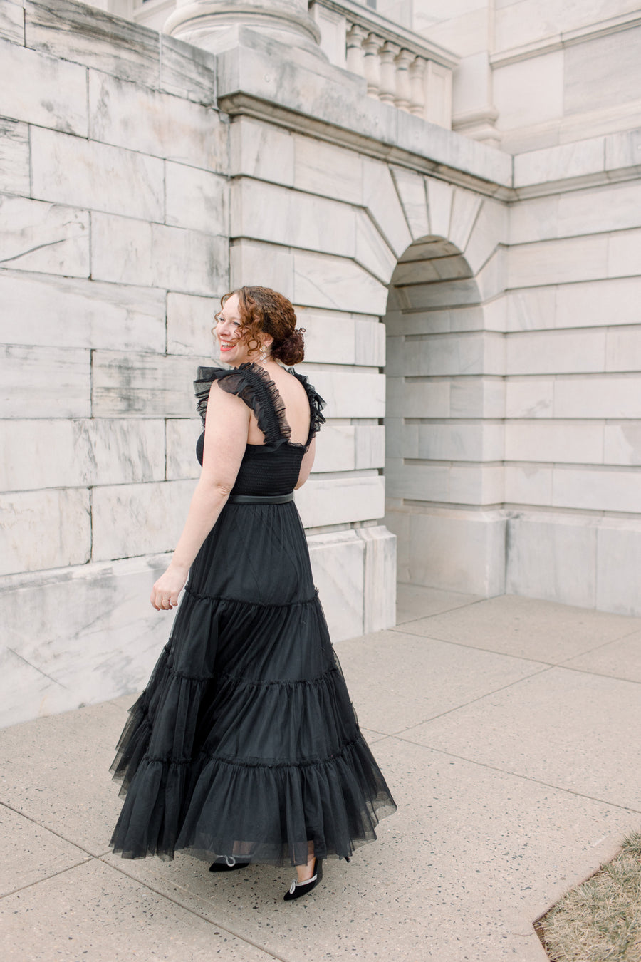 Cosette Ruffled Shoulder Tulle Maxi in Black