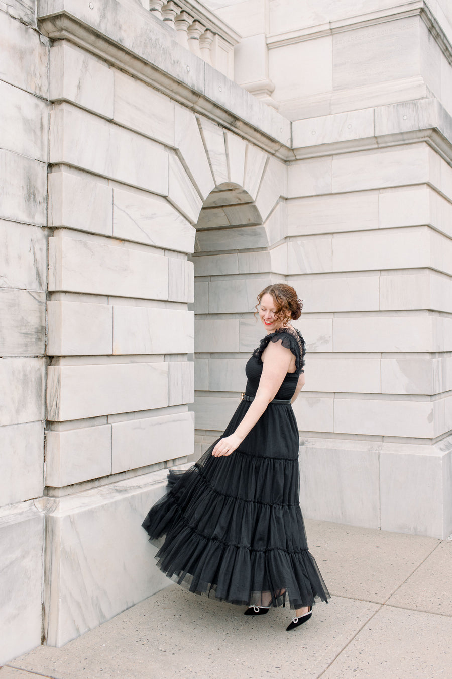 Cosette Ruffled Shoulder Tulle Maxi in Black