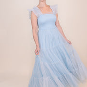 Cosette Ruffled Shoulder Tulle Maxi in Blue