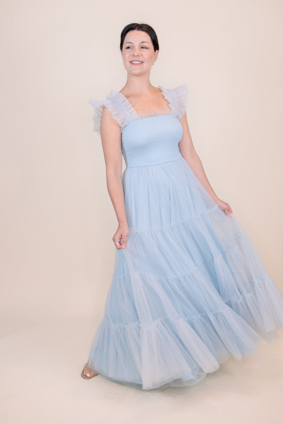 Cosette Ruffled Shoulder Tulle Maxi in Blue