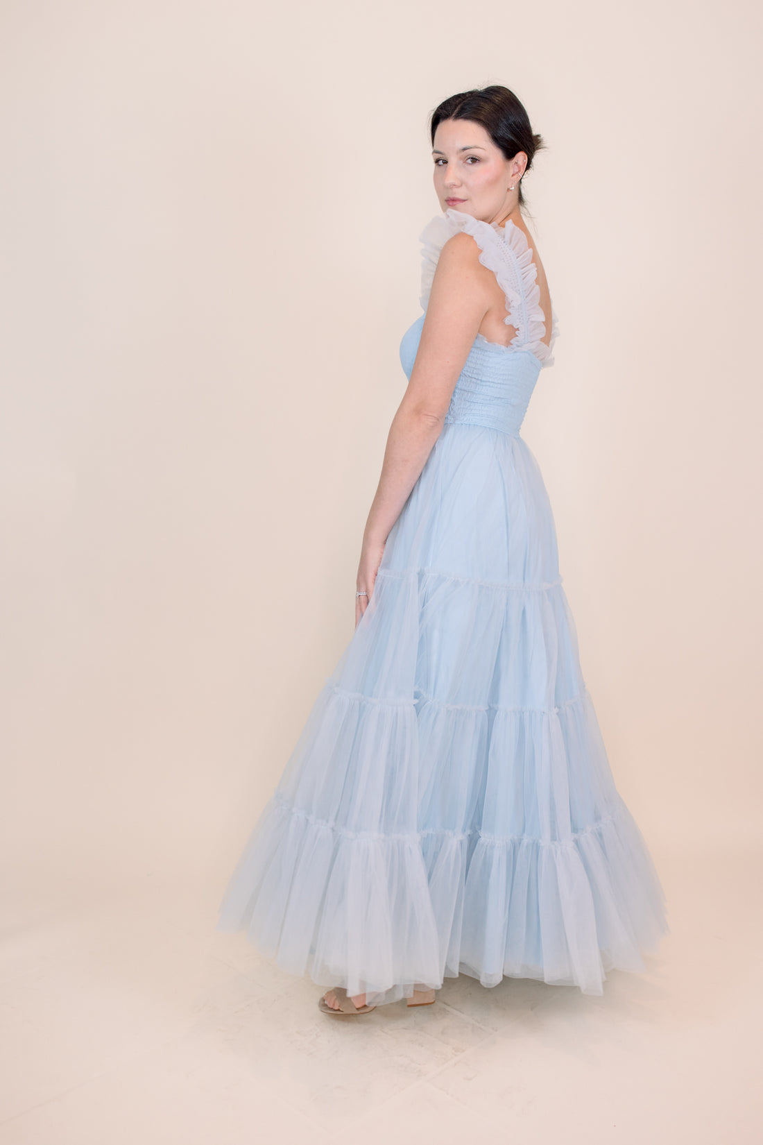 Cosette Ruffled Shoulder Tulle Maxi in Blue