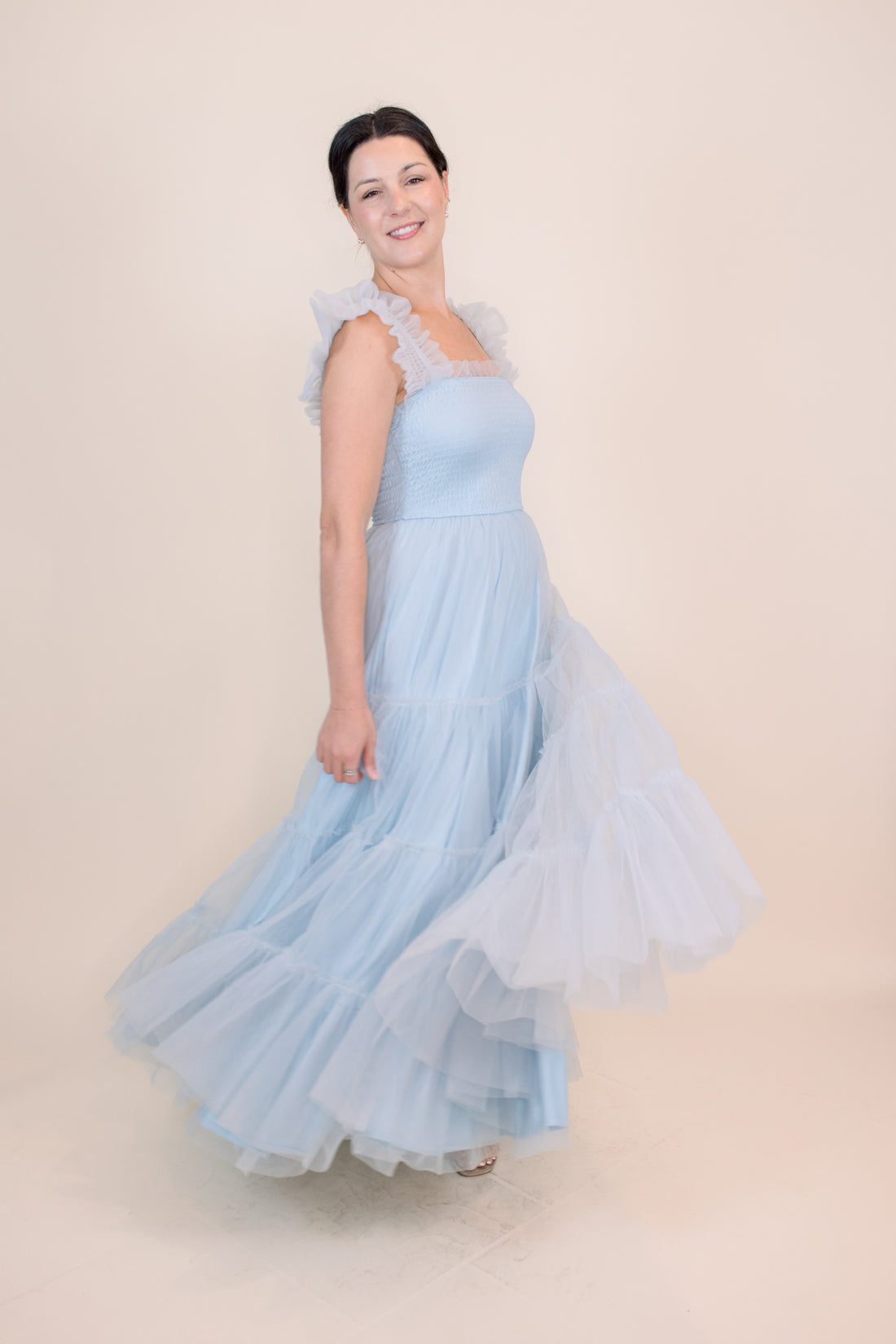 Cosette Ruffled Shoulder Tulle Maxi in Blue